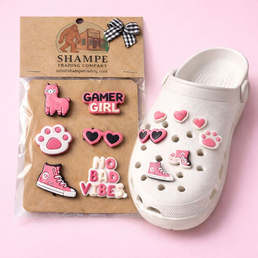💖 Cute Pink Shoe Charms Set for Clogs | Gamer Girl & No Bad Vibes