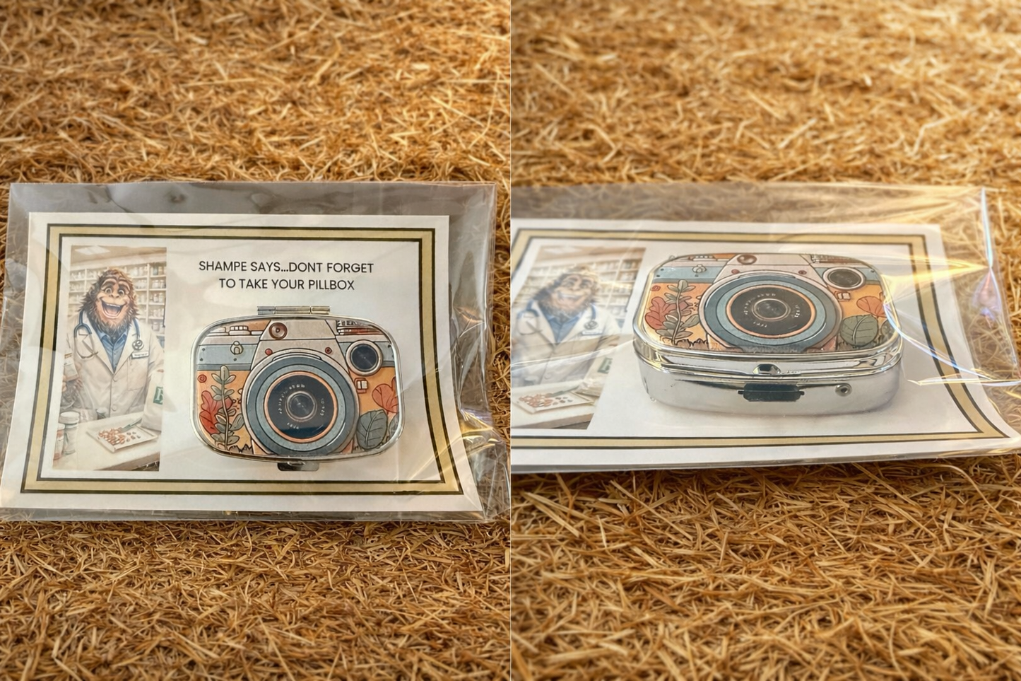 Camera Pillbox (2-Compartment) — “Shampe Says… Don’t Forget”