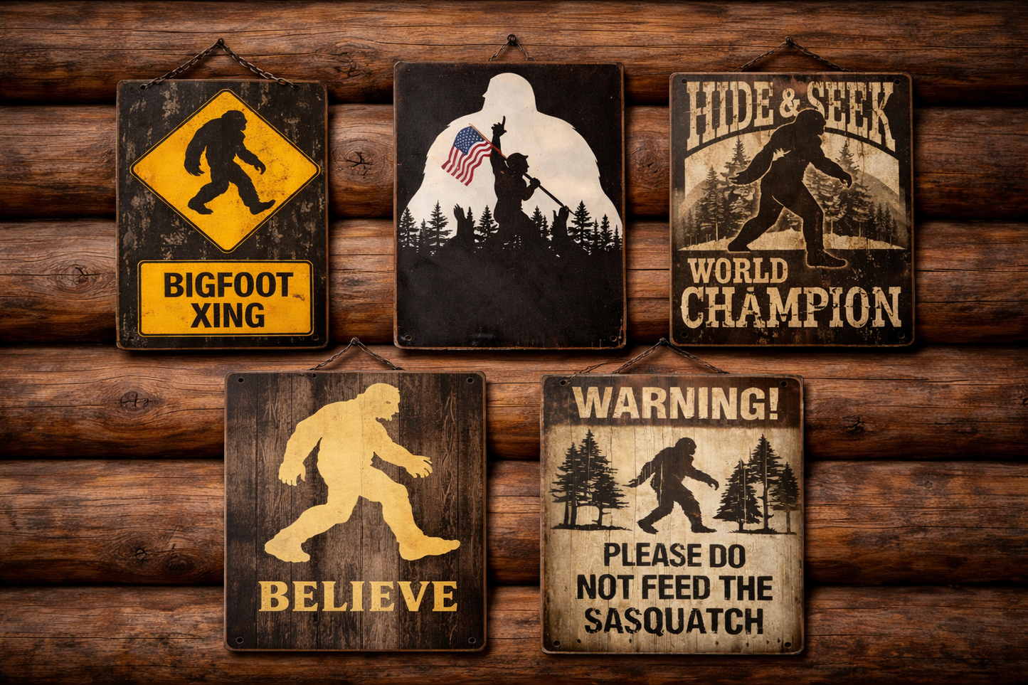 Sasquatch Metal Sign 8x12 | Rustic Log Cabin Decor | Bigfoot Wall Sign