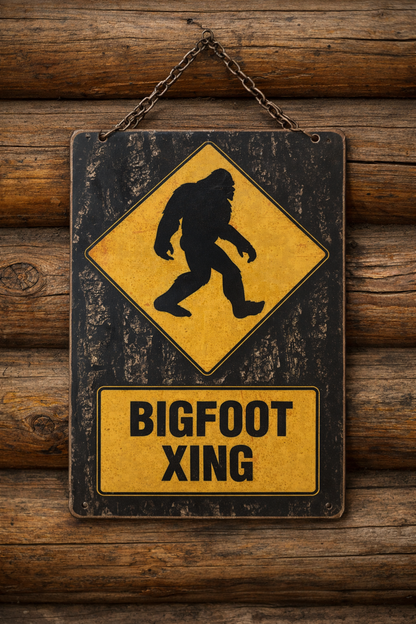 Sasquatch Metal Sign 8x12 | Rustic Log Cabin Decor | Bigfoot Wall Sign