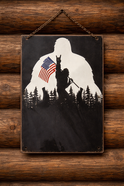 Sasquatch Metal Sign 8x12 | Rustic Log Cabin Decor | Bigfoot Wall Sign
