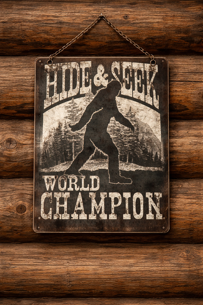 Sasquatch Metal Sign 8x12 | Rustic Log Cabin Decor | Bigfoot Wall Sign