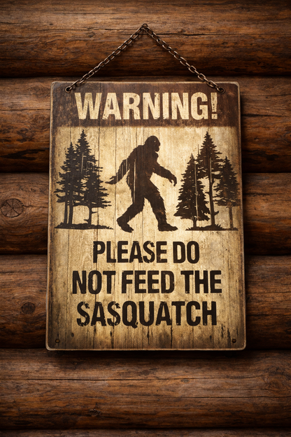 Sasquatch Metal Sign 8x12 | Rustic Log Cabin Decor | Bigfoot Wall Sign